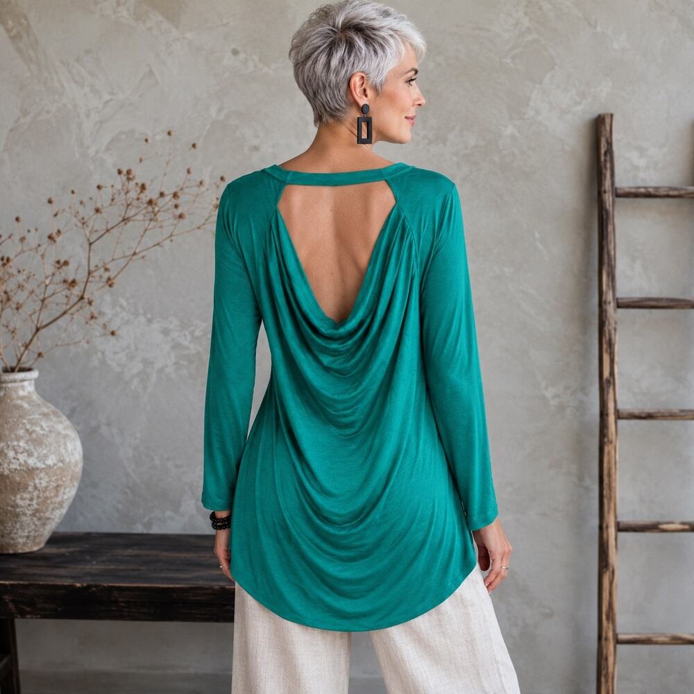 Soft Surroundings Green Stretch Knit Long Sleeve Drape Back Top Large